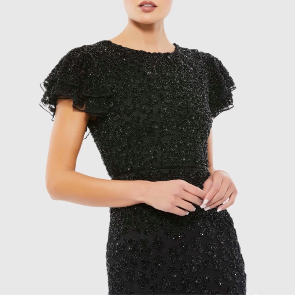 Mac Duggal HAND BEADED FLOUNCE SLEEVE MIDI DRESS Black Size 12 Style 10771 - Picture 3 of 12